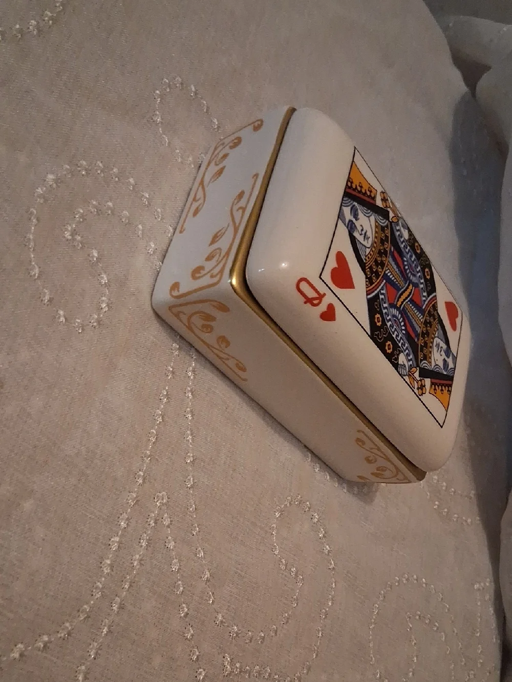 Porcelain Trinket Box with Queen of Hearts Playing Card Design